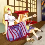 blonde_hair chain chains closed_eyes drunk fang geta grin horn horns hoshiguma_yuugi ibuki_suika long_hair long_skirt multiple_girls pointy_ears rion riwon_(junpei0122) sakazuki sake sandals sitting skirt smile touhou veranda