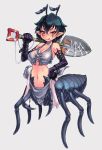  ant-arachne antenna antennae bad_id black_hair elbow_gloves gloves kenkou_cross kenkou_kurosu lowres midriff monster_girl monster_girl_encyclopedia original pointy_ears red_eyes short_hair shovel simple_background spider_web tongue web worktool 