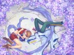  1girl belt blue_hair boots brown_hair closed_eyes couple flower kaito lying male meiko on_side scarf short_hair smi vocaloid 