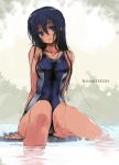  blue_hair blush competition_swimsuit highres long_hair one-piece_swimsuit original refeia sitting sketch solo swimsuit 