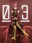  boots breasts crossed_arms crossed_legs foge green_eyes headphones highres knee_boots long_hair megurine_luka microphone midriff pink_hair side_slit sitting skirt thigh-highs thighhighs vocaloid 