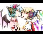  blonde_hair blood blue_hair butterfly_wings flandre_scarlet hand_holding headphones headset holding_hands izumo_sakuto letterboxed magnet_(vocaloid) moroha5121 multiple_girls open_mouth parody red_eyes remilia_scarlet siblings sisters touhou vocaloid wings 