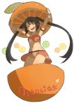  absurdres arancia black_hair brown_eyes character_name food fruit happy highres midriff orange orange_dress original skirt twintails wamochi white_background wink 