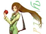  blood brown_hair elysion foge food fruit green_eyes highres holding holding_fruit long_hair overalls scythe sound_horizon yield 