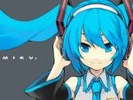  blue_eyes blue_hair detached_sleeves face hands_on_headphones hatsune_miku headphones lastswallow long_hair necktie smile solo twintails vocaloid 