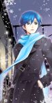  bag blue_eyes blue_hair coat kaito m-ca male scarf short_hair snow solo vocaloid 