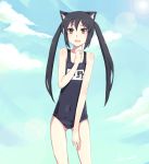  bad_id black_hair brown_eyes cat_ears embarrassed hao_(patinnko) k-on! lens_flare nakano_azusa one-piece_swimsuit patinnko payot school_swimsuit sky solo swimsuit twintails 