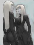  alicia_(claymore) ass beth_(claymore) blonde_hair bodysuit breast_press breasts claymore face grey_eyes large_breasts lips long_hair multiple_girls siblings symmetrical_docking tea_(artist) twins 