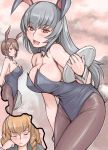  3girls adult animal_ears blonde_hair breasts brown_eyes brown_hair bunny_ears bunny_tail bunnysuit cleavage dreaming hina_ichigo large_breasts multiple_girls pantyhose rabbit_ears rozen_maiden rozenweapon silver_hair souseiseki suigintou tail taupe_legwear tray wrist_cuffs 