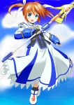  1girl absurdres aqua_eyes blush brown_hair clouds dat4147 dress fingerless_gloves gloves hair_ribbon highres long_sleeves lyrical_nanoha magical_girl mahou_shoujo_lyrical_nanoha mahou_shoujo_lyrical_nanoha_a&#039;s mahou_shoujo_lyrical_nanoha_the_movie_2nd_a&#039;s open_mouth puffy_sleeves raising_heart ribbon short_twintails sky solo takamachi_nanoha twintails 