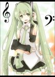  bad_id detached_sleeves green_eyes green_hair hatsune_miku headphones long_hair mono_(recall) necktie skirt smile solo twintails vocaloid 