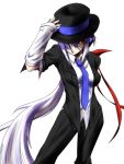  detached_sleeves fedora formal hat jin_(artist) long_hair michael_jackson michael_jackson_(cosplay) necktie pant_suit ponytail red_eyes silver_hair smooth_criminal solo suit top_hat very_long_hair vocaloid voyakiloid yowane_haku 