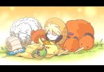  1girl ararararagi caterpie doduo graveler hat letterboxed omanyte pika_(pokemon) pikachu pokemon pokemon_(creature) pokemon_special raticate sleeping yellow_(pokemon) 