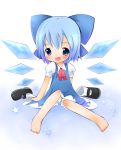  barefoot blue_eyes blue_hair bow child cirno hair_bow mary_janes nora_(pixiv) shoes short_hair sitting socks solo touhou wings 