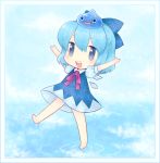 barefoot blue_eyes blue_hair border bow chibi cirno crossover dragon_quest hair_bow happy mg object_on_head short_hair slime slime_(dragon_quest) touhou water 