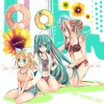  aqua_eyes aqua_hair bikini blonde_hair english flower hair_ribbon hatsune_miku heart innertube kagamine_rin key? key_(baby-mom) long_hair megurine_luka midriff multiple_girls navel pink_hair ribbon short_hair sunflower swimsuit very_long_hair vocaloid 