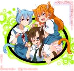  3girls animal_ears ass ayanami_rei blue_eyes blue_hair brown_hair cat_ears cat_pose cat_tail fang glasses highres long_hair makinami_mari_illustrious multiple_girls necktie neon_genesis_evangelion orange_hair panties paw_pose rebuild_of_evangelion red_eyes redhead school_uniform shikinami_asuka_langley short_hair souryuu_asuka_langley striped striped_panties tail takanashi_ringo underwear wink 