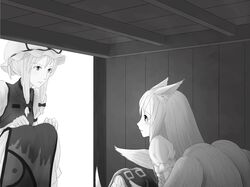  animal_ears bad_id fox_ears fox_tail hat long_hair monochrome multiple_girls multiple_tails short_hair tail touhou wimifu yakumo_ran yakumo_yukari young 