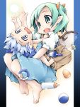  2girls baby baby_bottle bag ball barefoot blue_dress blue_eyes blue_hair bottle cirno daiyousei dress energy_ball fairy_wings green_eyes green_hair hair_ribbon ham_(points) ice ice_wings multiple_girls open_mouth pacifier pointy_ears puffy_sleeves rattle ribbon short_sleeves shoulder_bag side_ponytail sitting sitting_on_lap sitting_on_person touhou wings young 