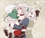  1boy 1girl blue_eyes blush carrying choker clenched_hand couple forehead frown hetero hitodama konpaku_youmu konpaku_youmu_(ghost) morichika_rinnosuke o3o person_over_shoulder short_hair silver_hair sweatdrop take_it_home touhou unabara_misumi yellow_eyes 