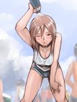  bent_over breasts brown_eyes brown_hair casual cleavage rozen_maiden rozenweapon short_hair shorts solo souseiseki water wet wet_clothes wet_hair wink 
