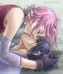  gloves haruno_sakura kiss lying naruto pink_hair purple_hair short_hair uchiha_sasuke 