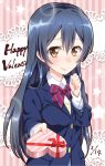  1girl blue_hair blush box brown_eyes dated gift gift_box happy_valentine long_hair looking_at_viewer love_live!_school_idol_project nas_(nassy58) school_uniform smile solo sonoda_umi valentine 