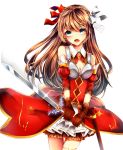  1girl animal_ears blue_eyes breasts brown_gloves brown_hair cleavage detached_sleeves gloves hair_ribbon holding_sword holding_weapon milk_ame open_mouth original red_ribbon ribbon sitting skirt solo sword tenkuu_no_craft_fleet weapon white_background white_ribbon 
