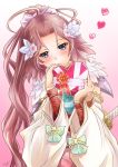  1girl 2016 blue_eyes blush bow chengshu dated flower flower_knight_girl gradient gradient_background green_bow hair_bow hair_flower hair_ornament heart long_hair looking_at_viewer pink_(flower_knight_girl) pink_background pink_hair ponytail solo valentine white_background 