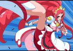  1girl bike_shorts blue_background boots bow brooch coat cowboy_shot cure_ace dokidoki!_precure hair_bow hairband jewelry kicking knee_boots long_hair madoka_aguri magical_girl motion_lines oekaki precure red_eyes red_skirt redhead serious shorts_under_skirt skirt solo uraki wrist_cuffs 