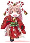  1girl animal_ears bell fox_ears fox_tail furry japanese_clothes kimono looking_at_viewer open_mouth rai-rai sketch smile solo tail 