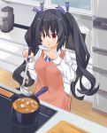  1girl apron black_hair blush breasts cooking hair_ornament himajin_(starmine) kitchen ladle long_hair neptune_(series) noire open_mouth pot red_eyes solo stove twintails waist_apron 