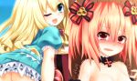  alyn_(fairy_fencer_f) bare_shoulders blonde_hair blush fairy_fencer_f frills green_eyes mizunashi_(second_run) one_eye_closed open_mouth red_eyes redhead ribbon rolo_(fairy_fencer_f) tears twintails 