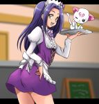  1girl :d bow cat cowboy_shot hairband hummy_(suite_precure) juliet_sleeves kurokawa_eren letterboxed long_hair long_sleeves looking_at_viewer looking_back open_mouth precure puffy_sleeves purple_hair purple_skirt seiren_(suite_precure) skirt smile striped striped_bow suite_precure tray uraki waitress white_bow yellow_eyes 
