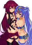  2girls :o arm_wrap armband ass ass_visible_through_thighs back bangs bare_shoulders belt black_legwear blue_hair blue_skirt blush bracelet breasts closed_mouth coin_(ornament) cowboy_shot cybele_(lord_of_vermilion) detached_collar earrings eyebrows eyebrows_visible_through_hair eyelashes frills fringe from_above frown garters gem gradient gradient_background groin hair_ornament hairband i_oka_lov jewelry long_hair looking_at_viewer lord_of_vermilion lord_of_vermilion_iii microskirt mole mole_under_eye multiple_girls neck_ribbon purple_hair red_eyes revealing_clothes ribbon skirt strapless thigh-highs tubetop twintails varuna_(lord_of_vermilion) violet_eyes white_background wrist_cuffs yellow_eyes 