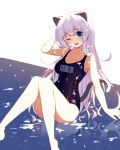  absurdres animal_ears arm_support bare_shoulders blue_eyes breasts cat_ears cat_tail character_name dungeon_and_fighter highres long_hair one_eye_closed open_mouth school_swimsuit silver_hair swimsuit tail tandozzing 