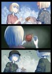  2girls 3koma :d airplane blonde_hair blue_eyes comic commentary erica_(naze1940) floral_print flying_sweatdrops german_clothes helmet highres military military_uniform multiple_girls nazi_war_ensign open_mouth original short_hair smile uniform 