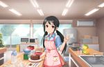  1girl air_conditioner apron artist_request baking blue_shirt bowl brown_eyes butter_knife cake chocolate_cake collared_shirt egg food idolmaster idolmaster_cinderella_girls_starlight_stage lamp long_hair long_sleeves looking_at_viewer microwave milk milk_carton nakano_yuka official_art plate recipe_(object) refrigerator shirt sink sleeves_rolled_up smile solo twintails valentine weighing_scale window 