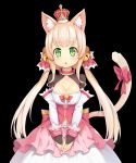  1girl 3.14 :o animal_ears bell blonde_hair breasts bridal_gauntlets cat_ears cat_tail cleavage crown dress green_eyes hair_bell hair_ornament highres jingle_bell large_breasts long_hair mini_crown original tail twintails v_arms very_long_hair 