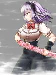  1girl absurdres amau_(kosmos) bow breasts dagashi_kashi grey_eyes highres large_breasts lavender_hair puffy_short_sleeves puffy_sleeves sakurabou shidare_hotaru shirt short_sleeves skirt smile suspenders 