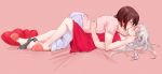  brown_hair closed_eyes heart heart_pillow highres kiss moonexplorers pillow ruby_rose rwby silver_hair slippers weiss_schnee yuri 