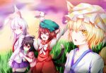  4girls :o animal_ears animal_hat arms_up black_hair black_legwear blonde_hair blush bow bowtie brown_hair carrot carrot_necklace cat_ears cat_tail chen clouds cloudy_sky collarbone collared_shirt colored_eyelashes cowboy_shot dress earrings fang field fox_tail frown grass green_hat hat inaba_tewi japanese_clothes jewelry kimono long_hair looking_at_viewer looking_down multiple_girls multiple_tails necklace necktie nyaku open_mouth orange_eyes outdoors peeking pendant pink_dress plant pleated_skirt puffy_short_sleeves puffy_sleeves purple_skirt rabbit_ears red_eyes red_necktie reisen_udongein_inaba shirt short_hair short_sleeves skirt sky standing stretch sunset tail thigh-highs touhou tsurime two_tails upper_body wavy_mouth white_bow white_bowtie white_shirt wince yakumo_ran yellow_eyes zettai_ryouiki 