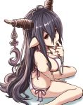  1girl antenna_hair bandaged_arm bandages bikini breasts butt_crack danua finger_in_mouth granblue_fantasy hair_between_eyes horn_ornament horns jewelry kitiku large_breasts long_hair looking_at_viewer necklace pointy_ears purple_hair red_eyes sitting solo swimsuit very_long_hair wariza 