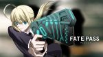  1girl ahoge blonde_hair blue_eyes dominator_(gun) fate/stay_night fate_(series) formal gun highres holding_gun holding_weapon necktie parted_lips ponytail psycho-pass saber shimo_(s_kaminaka) solo suit weapon 
