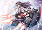  1girl antennae black_hair black_legwear brown_eyes cannon detached_sleeves firing hakama_skirt haruna_(kantai_collection) headgear kantai_collection long_hair long_sleeves machinery remodel_(kantai_collection) shirt skirt solo sumapan thigh-highs very_long_hair wide_sleeves zettai_ryouiki 