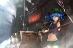  1girl bare_shoulders blue_eyes blue_hair breasts brown_gloves can collarbone factory gears gloves groin hachidori_tou hair_bobbles hair_ornament hand_up hat highres industrial kawashiro_nitori midriff navel sewer shorts smoke solo steam sweat tank_top touhou twintails two_side_up valve water wet 