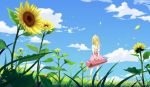  1girl artist_name blonde_hair clouds flower from_behind long_hair miyazono_kawori petals ponytail sanaa scenery shigatsu_wa_kimi_no_uso solo summer sunflower violin_case 