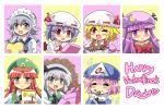  6+girls ascot bat_wings beret blonde_hair blue_dress blue_eyes blue_hair blush bob_cut box_of_chocolates braid collared_shirt colonel_aki crescent_moon_pin dress eating embarrassed english flandre_scarlet food green_vest hairband happy_valentine hat hat_ornament hat_ribbon heart hitodama hong_meiling izayoi_sakuya japanese_clothes kimono konpaku_youmu long_hair long_sleeves looking_at_viewer maid maid_headdress mittens mob_cap multiple_girls noodles one_eye_closed open_mouth patchouli_knowledge pile pink_hair purple_hair ramen red_eyes red_vest redhead remilia_scarlet ribbon ribbon-trimmed_collar ribbon_trim saigyouji_yuyuko shiny shiny_hair shirt short_hair short_sleeves side_ponytail silver_hair smile star touhou triangular_headpiece twin_braids valentine violet_eyes white_shirt wings 
