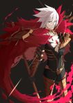  1boy armor blue_eyes cape fate/apocrypha fate/grand_order fate_(series) fur_trim jewelry lancer_of_red pale_skin single_earring solo weapon white_hair 