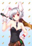  1girl animal_ears bare_shoulders between_breasts breasts bunnysuit carrot cleavage gloves hand_on_hip koge_niku_(kogeniku-203812) league_of_legends necktie pantyhose rabbit_ears red_eyes riven_(league_of_legends) short_hair silver_hair single_glove smile solo sword weapon white_gloves 